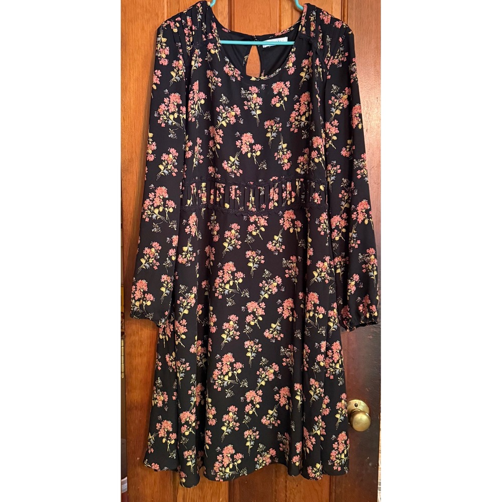 Downeast Floral Long Sleeve Midi Dress Black Pink Yellow Crochet Trim L/XL